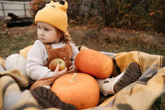 Cozy autumn girl with pumpkins and apple outdoors