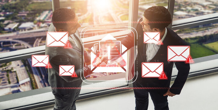 Businessmen Discussing Strategy with Digital Alerts in Modern Office Overlooking Cityscape, Signifying Communication Challenges and Digital Management Sigmoid