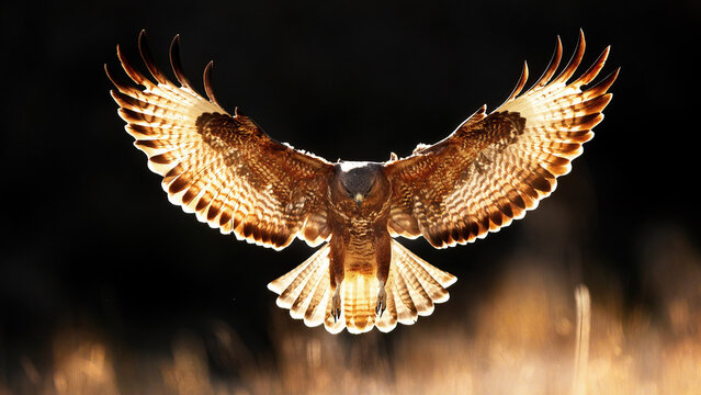 Common buzzard gliding with spread wings in golden light