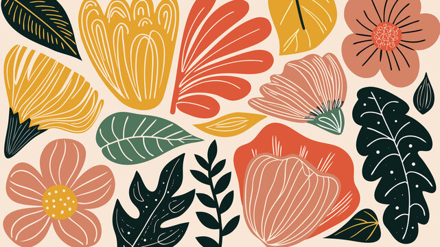 Colorful floral and leaf display on light background