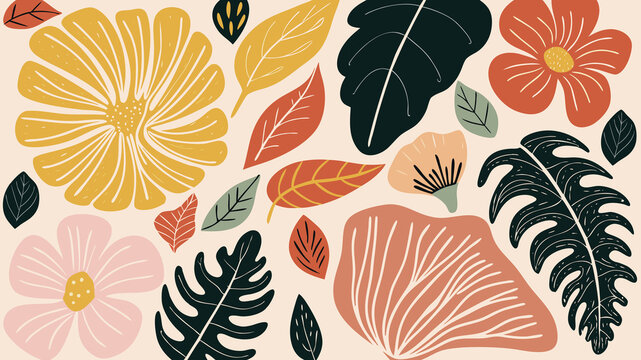 Colorful floral and tropical leaf arrangement on light background