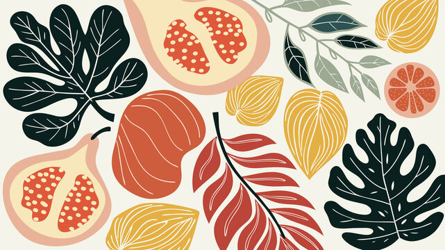 Seamless tropical plant and fruit pattern on light background