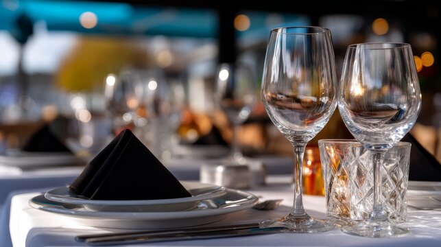 Elegant Dining Table Setup with Fine China and Crystal Glassware Nearby