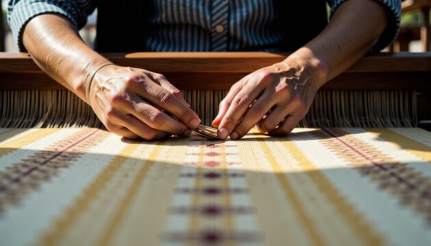 Close-up of Artisan Hands Weaving Colorful Patterned Fabric on Loom in Sunlit Workshop