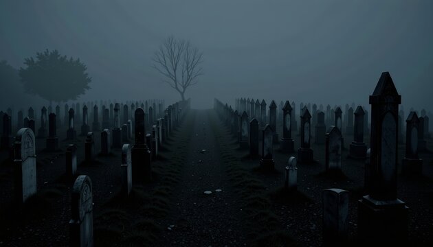 Misty Twilight Cemetery Path Flanked by Weathered Tombstones