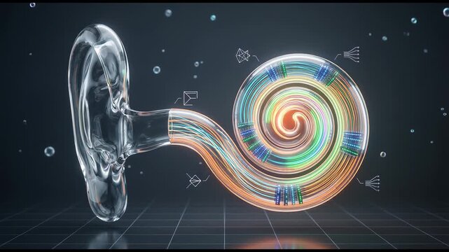 Abstract animation showing the hearing process through a cochlear implant, where a soundwave is converted into electrical signals stimulating the auditory nerve inside the inner ear cochlea