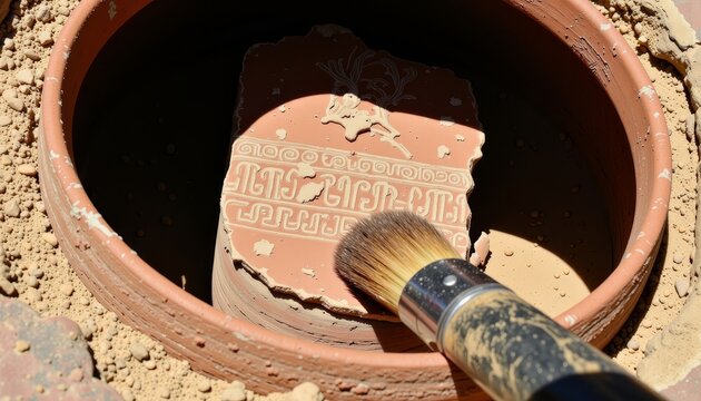 Archaeologist's Handbrush Unearths Intricate Ancient Pottery in Sunlit Excavation