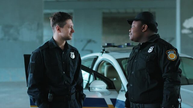 Smiling young man cops stand near patrol car look at camera enforcement officer police uniform auto safety security communication control policeman close up slow motion