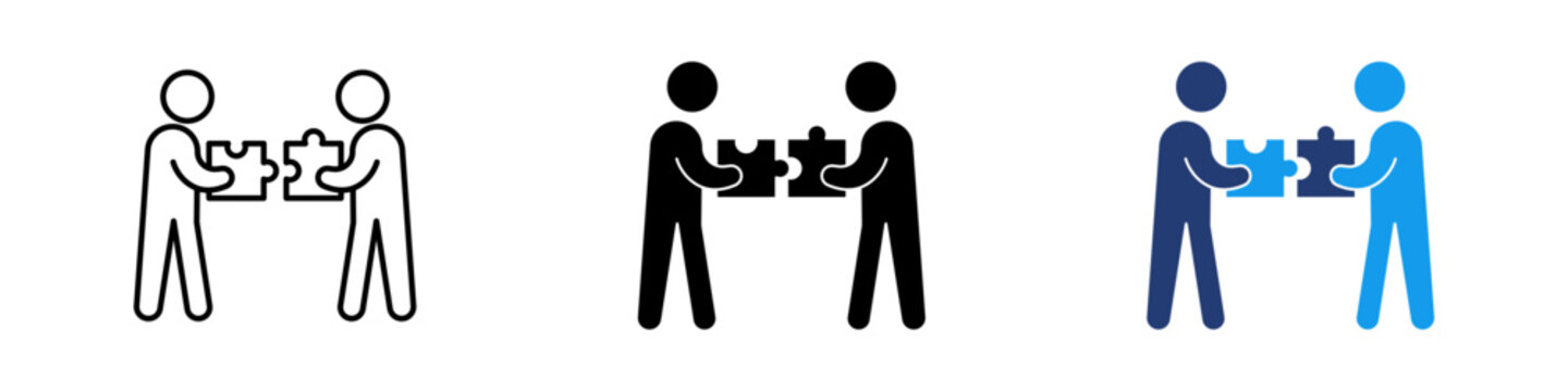 Art & IllustrationTeamwork collaboration puzzle piece icon set : Two People Connecting Jigsaw Puzzle Pieces Together, representing teamwork, partnership, solutions, cooperation, and business teamwork.