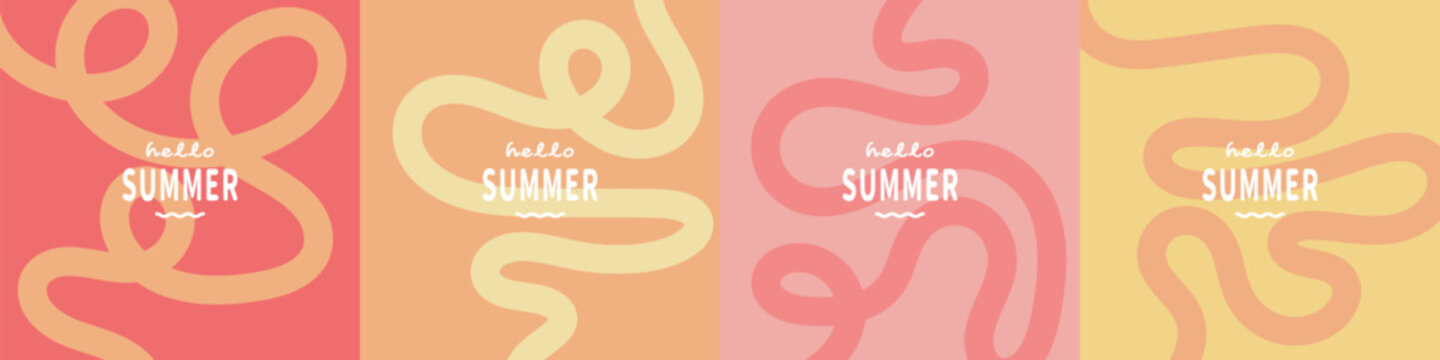 Hello Summer Abstract Posters with Pastel Waves : Soft pastel summer backgrounds set with abstract wavy lines، squiggly lines and hello summer typography, ideal for seasonal branding and social media