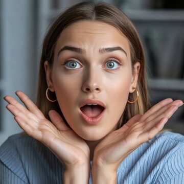Surprised woman close up portrait with hands on face emotional reaction