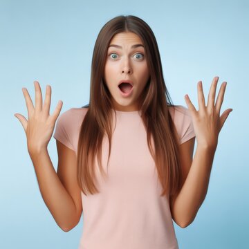 Shocked young woman with surprised expression pink background reaction portrait