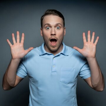 Shocked man with raised hands surprised reaction blue background portrait