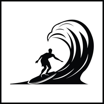 Dramatic black and white illustration of a surfer riding a towering wave, ideal for sports, adventure, lifestyle, and motivational content in marketing and editorial projects.
