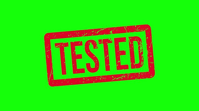 Red TESTED Rubber Stamp Animation with Grunge Texture on White and Green Screen. A bright green background with a red tested stamp.