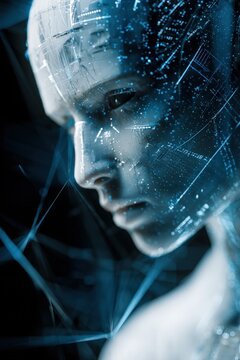 Futuristic Artificial Intelligence Concept with Humanoid Cyborg Face and Glowing Blue Digital Circuitry Overlays Representing Advanced Machine Learning Neural Networks and High Tech Cybernetics