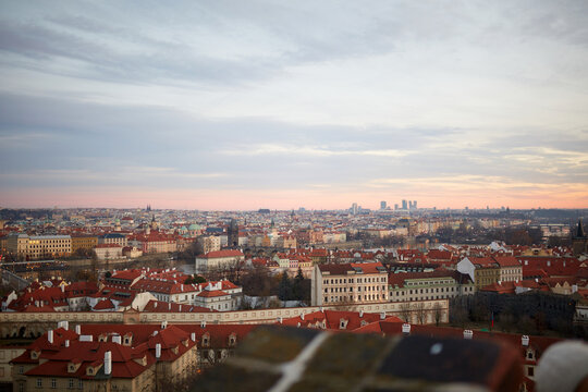 Prague cityscape at sunset showcasing historic architecture