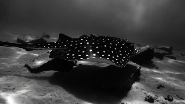 Graceful black and white underwater shot of a spotted eagle ray gracefully gliding over the ocean floor, serene marine life.
