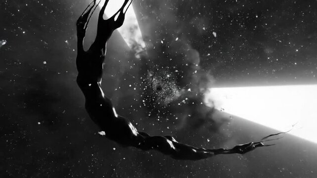 Abstract grayscale animation of a dark energy sphere flowing and shattering with particles in space.