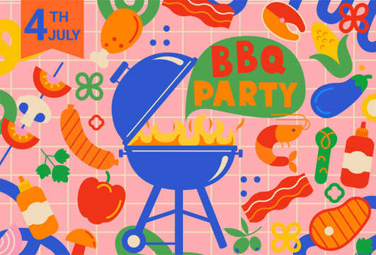 BBQ flyer. Invitation for barbecue weekend event. Summer design template for barbeque menu, poster, banner, announcement. Grilled delicious after cooking outdoor. Vector illustration.