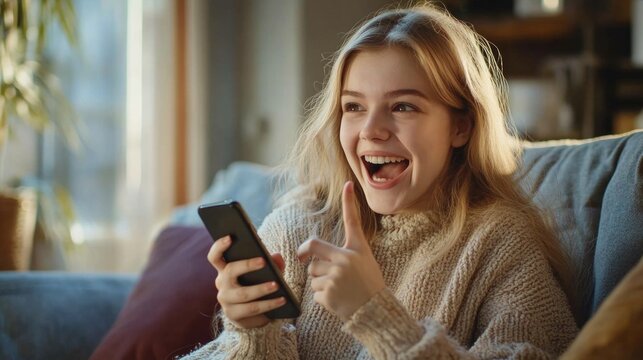 A woman sits on a couch holding a cell phone, perfect for depicting modern life or social media usage