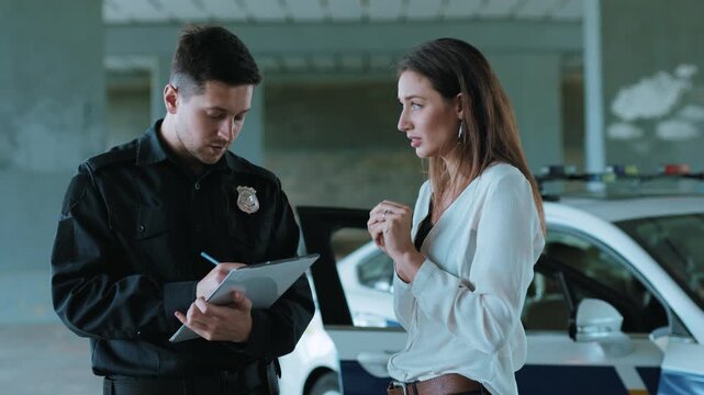Slow motion policeman interrogates a woman in an incident arrest criminal enforcement burglar man officer black bad robbery business busted illegal portrait close up