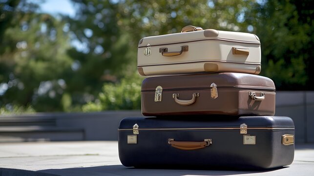 Stack of vintage suitcases ready for travel outdoors