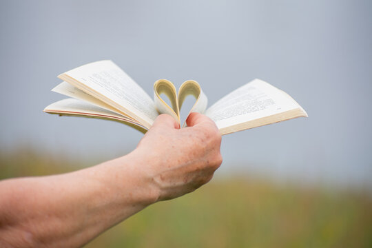 Hand holding book with heart-shaped pages