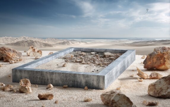 Rectangular Frame Set on Sandy Ground Surrounded by Rocks and Desert Scenery