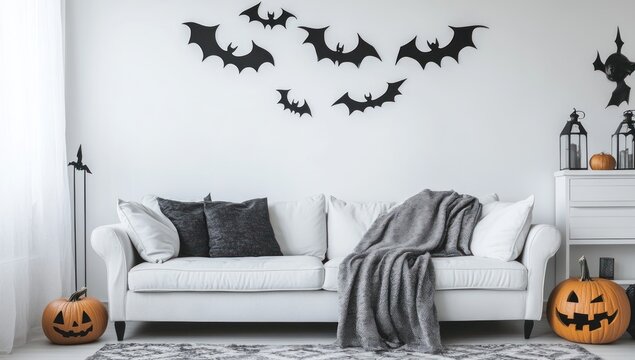 Halloween Decorated Living Room with Bats and Pumpkins.