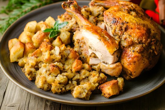 Roasted turkey with stuffing and potatoes on a plate