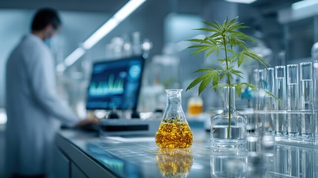 Modern biotechnology lab scene focused on medical cannabis research