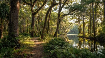 Fototapeta premium Serene southern forest of Florida: fern understory, palmetto, and a quiet water edge among mossy trees