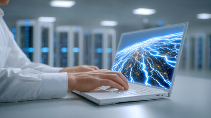 Obraz premium Hands typing laptop network visualization electric data flow screen showing global connectivity and dynamic energy patterns data center environment