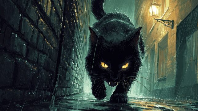 Noir Night: A Snarling Feline with Glowing Eyes in a Dim Urban Alley