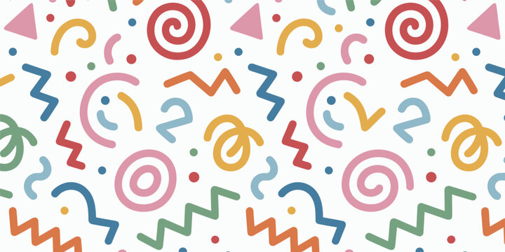 Vibrant Seamless Pattern Of Retro Memphis Style Shapes And Swirls abstract