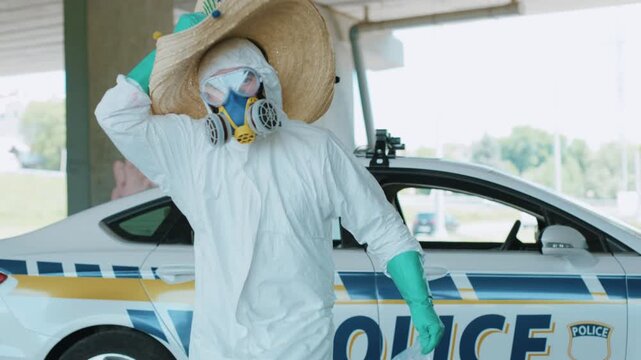 Slow motion man in a funny costume big hat dancing with drugs near the police car uniform protection auto duty emergency portrait challenge crime security cop close up