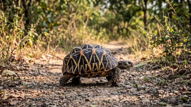 indian star tortoise reptile walking on a path video