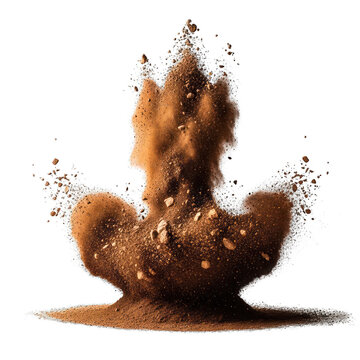 Dynamic earthy explosion, particles flying high
