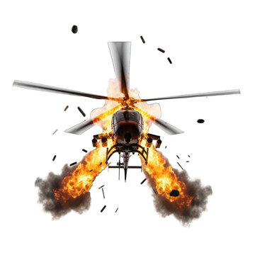 Exploding aircraft mid-flight with flames, debris