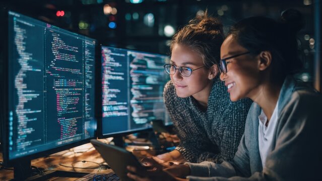 Two Female Developers Coding at Night