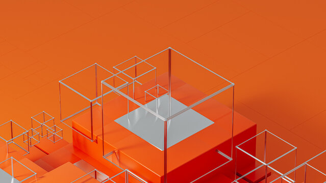 Background of geometric forms in orange architecture with cube frames