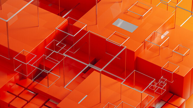 Background of geometric forms in orange architecture with cube frames