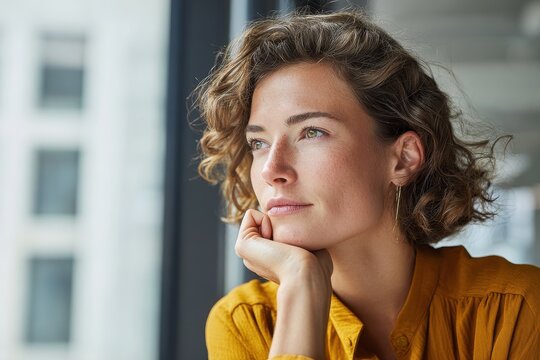 Portrait of a thoughtful woman in a modern office with a questioning expression