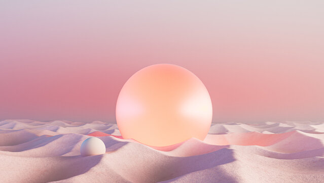 Pastel surreal landscape with glowing spheres in a desert scene
