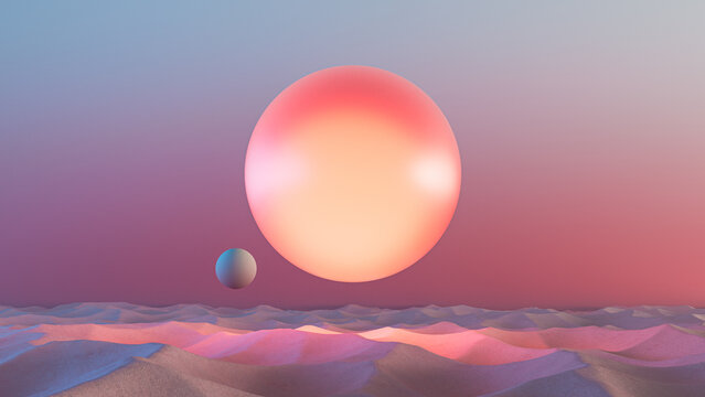 Pastel surreal landscape with glowing spheres in a desert scene
