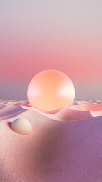 Pastel surreal landscape with glowing spheres in a desert scene
