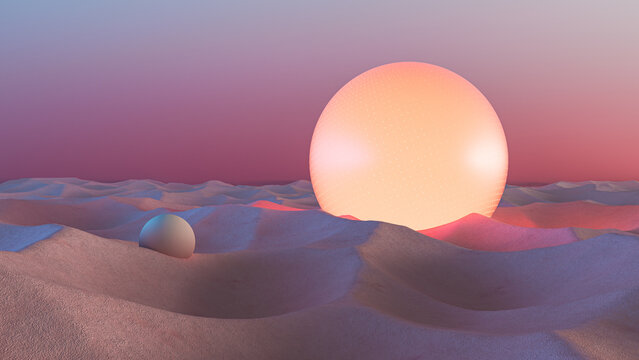 Pastel surreal landscape with glowing spheres in a desert scene