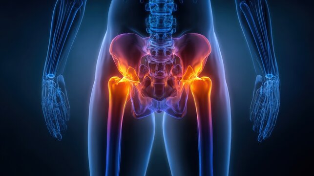 3d medical illustration showing inflammation and pain in the human hip joints and pelvis area highlighted in bright colors against translucent skeletal anatomy backg
