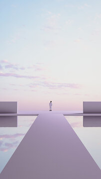 Man stands alone in a minimalist outdoor setting at sunset
